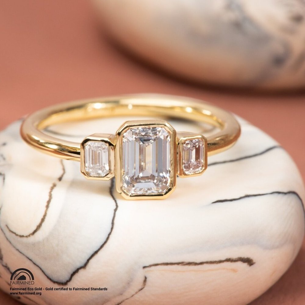 18 Karat Fairmined Gold Trio Emerald Cut Ring - Certified Gold